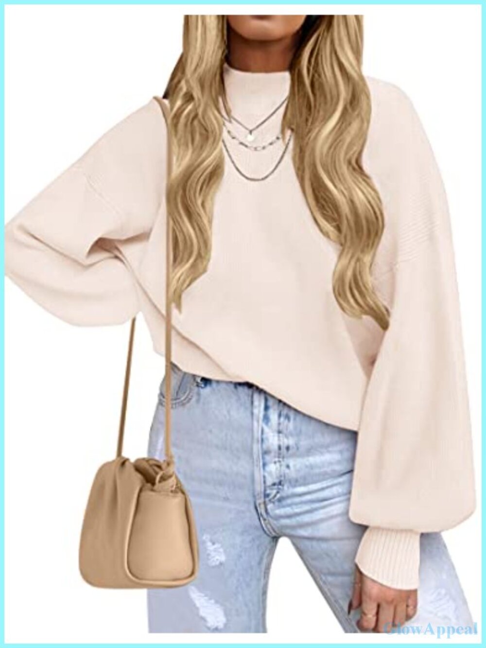 Mock Neck Lantern Sleeve Oversized Knit Turtleneck Sweater